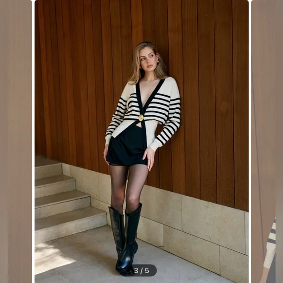 Commense Contrast Striped Metal-Button Knit Black and White Striped Cardigan - Picture 3 of 8